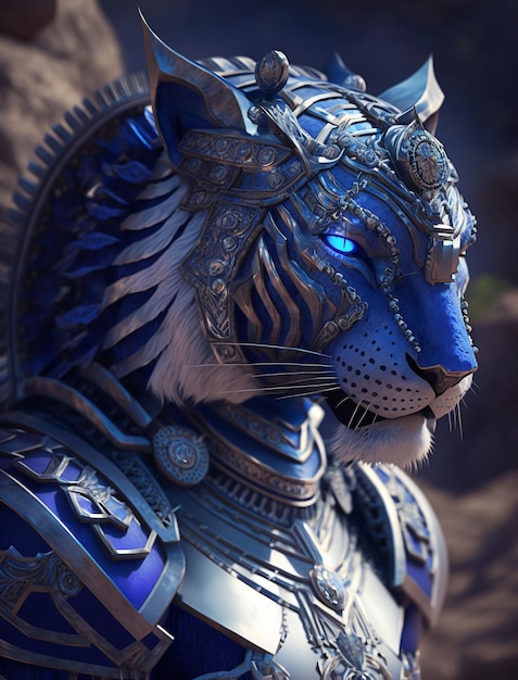 Ultramarine Crystal Ice Tiger in Mystical Elven Armour Generative ai