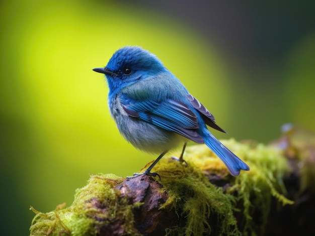 Ultramarine Flycatcher sitting on a branch against a green background