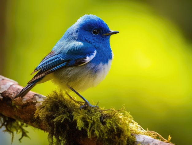 Ultramarine Flycatcher sitting on a branch against a green background