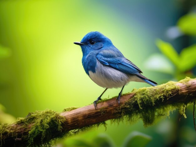 Ultramarine flycatcher sitting on a branch against a green background