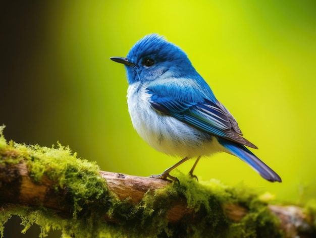 Ultramarine Flycatcher sitting on a branch against a green background