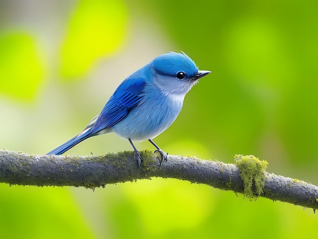 Ultramarine flycatcher superciliaris ficedula cute blue bird perching on top mossy stick over far