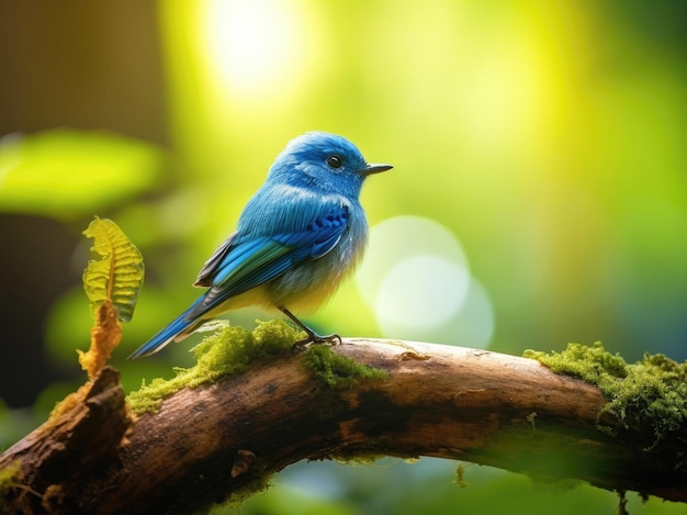 Ultramarine Flycatcher zit op een tak tegen een groene achtergrond