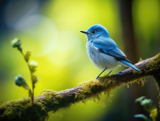 Ultramarine Flycatcher zit op een tak tegen een groene achtergrond