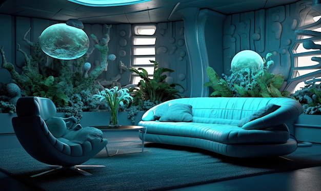 Ultramarine living room on Neptune Beautiful living space concept in bionic style