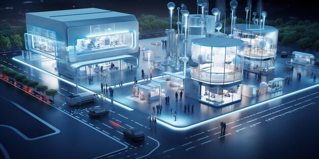 Ультрасовременная фабрика, воплощающая концепцию «Индустрии 40», демонстрирующая интеграцию передовых технологий для оптимизации эффективности и устойчивости. Создано с использованием генеративного ИИ.