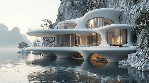 An ultramodern home perched above a body of water Generative Ai