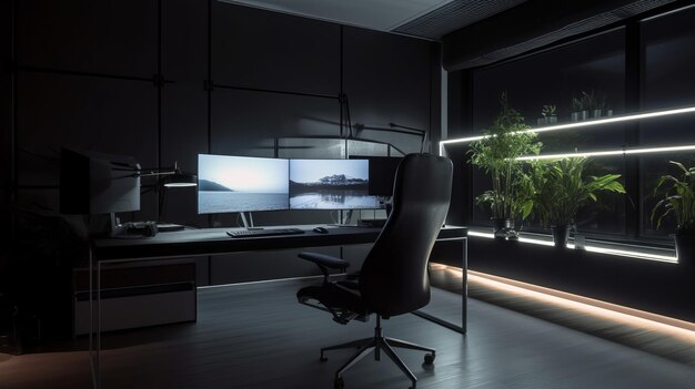 Ultramodern workspace with glass table and desk hightech