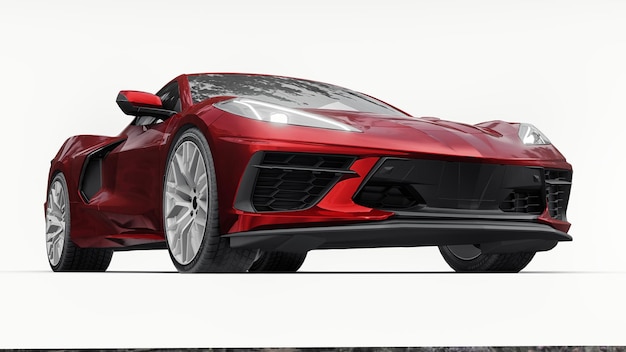 Ultramoderne rode supersportwagen met een middenmotorlay-out op een witte geïsoleerde achtergrond. Een auto om te racen op het circuit en op het rechte stuk. 3D illustratie.