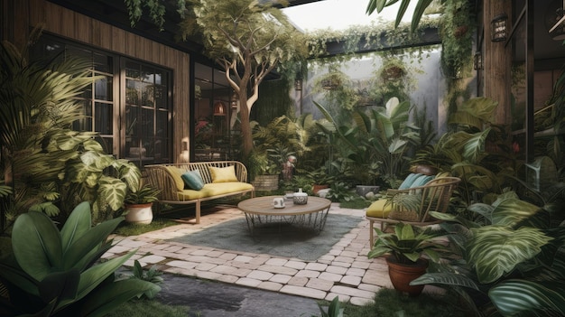 Сверхреалистичный внутренний дворик в стиле 8k, вдохновленный балийским пейзажем, приветствует вас в тихой гавани с его зеленой зеленью. Сгенерировано искусственным интеллектом.