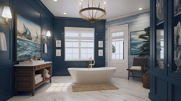 Ultrarealistic 8k coastal bathroom invites you to indulge in a spalike experience with its nautical accents natural textures and calming colors Generated by AI