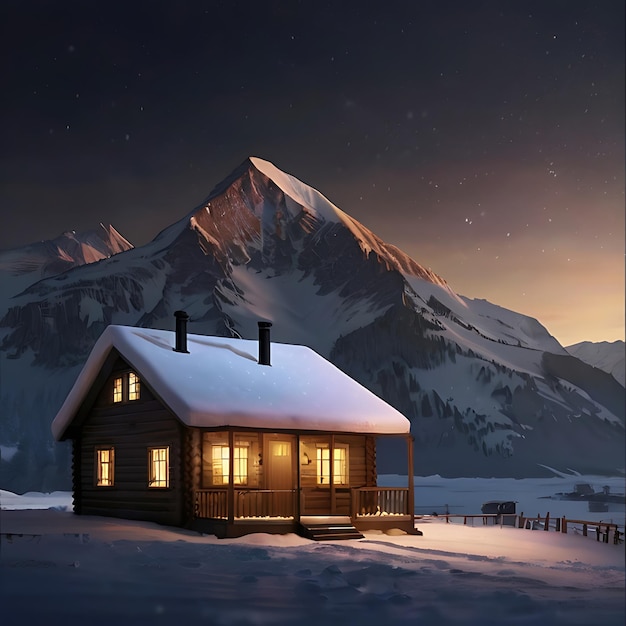 an ultrarealistic cabin with warm light inside on a snow capped mountain at night genarated by AI