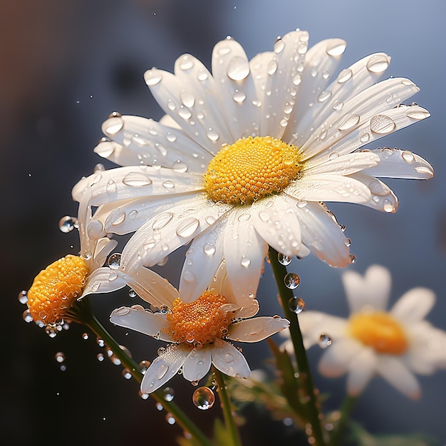 UltraRealistic Daisy Flower Branch with Glistening Water Drops 3D Artistry