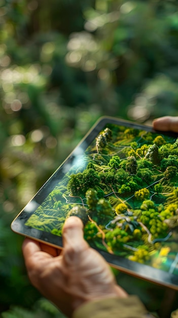 사진 초현실적인 생태 투어 가이드 지속 가능한 투어를 계획하는 데 태블릿을 사용하여 지역 생태계를 강조합니다.