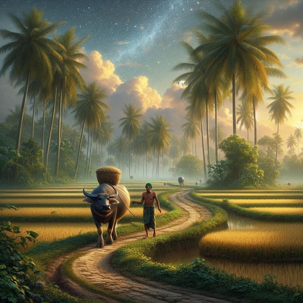 インドネシア の 自然 の 米畑 の 景色 の 超 現実 的 な 絵画