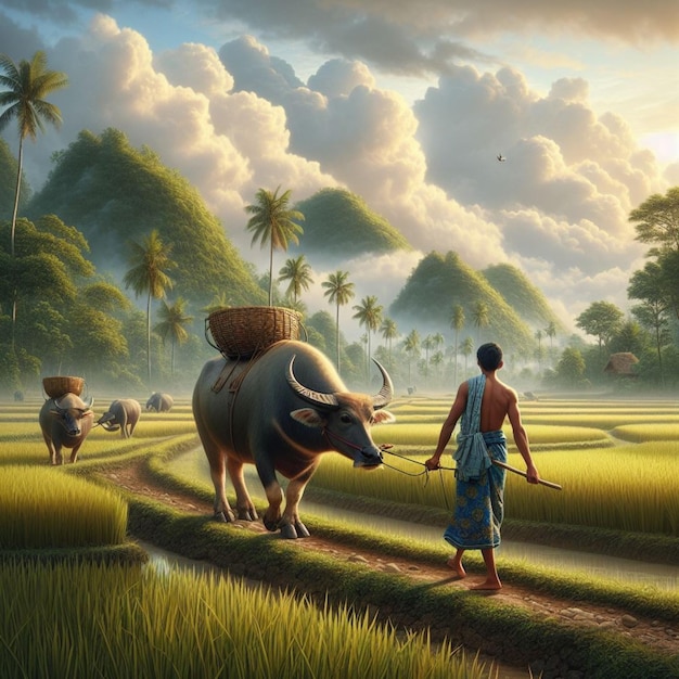 An UltraRealistic Painting Of A Natural Indonesian Rice Field Scene