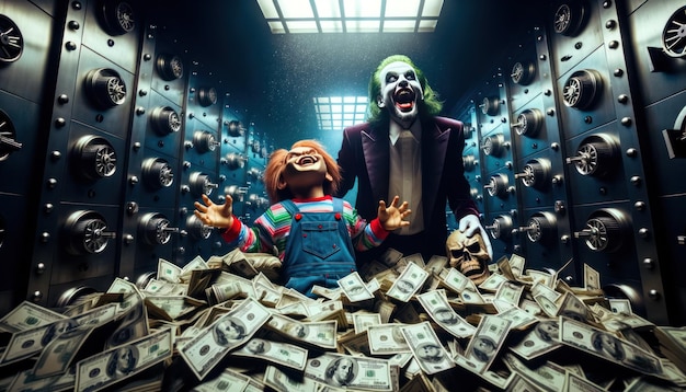 Ultrarealistic photo in a shadowdrenched vault Chucky and the Joker stand near cash piles