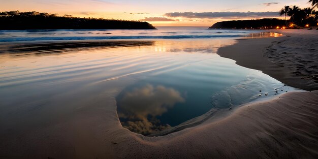 Ultrarealistic serene beach at sunset with detailed reflections on the water soft lighting