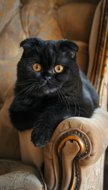 Photo ultrasharp image featuring a beautiful scottish fold black cat lounging a vintage armchair