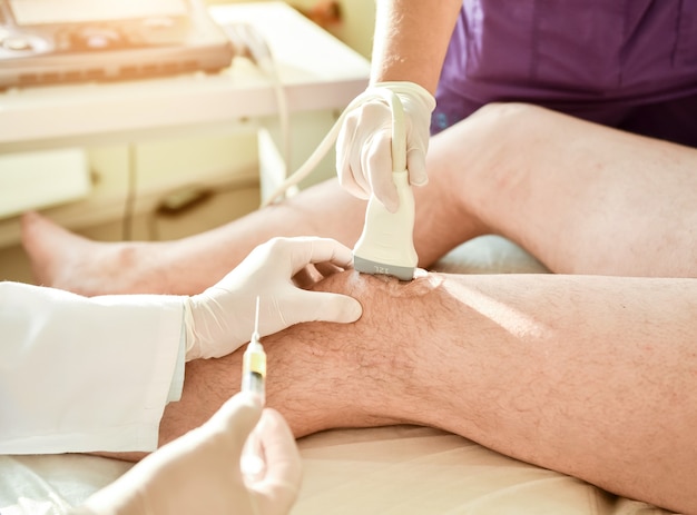 Ultrasound-guided platelet-rich plasma injection of knee.