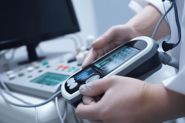 Ultrasound machine in the hands of a doctor The doctor looks at patient pulse rate monitor closeup AI Generated