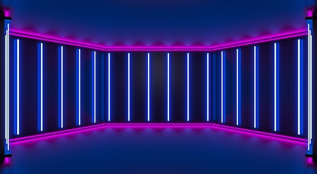 Ultraviolet led lights on the walls of the stage room blue\
minimalistic illuminated 3d background