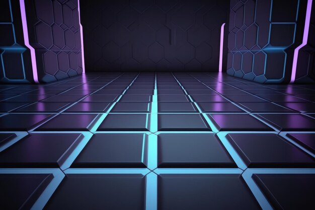 Photo ultraviolet light room in neon 80's retro style empty space with reflective floor abstract generati