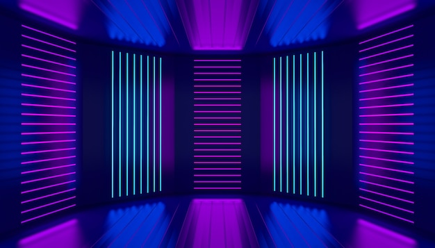 Ultraviolet podium decoration empty stage Pink violet blue neon room abstract background Night club interior Glowing wall panels 3d illustration