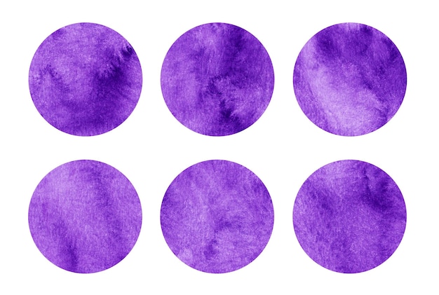 Ultraviolet watercolor circles set Purple abstract round geometric shapes on white background Aquarelle stains on paper texture Template for your design