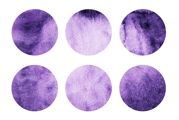 Ultraviolet watercolor circles set Purple round geometric shapes on white background Aquarelle stains on paper texture Abstract art Template for your design