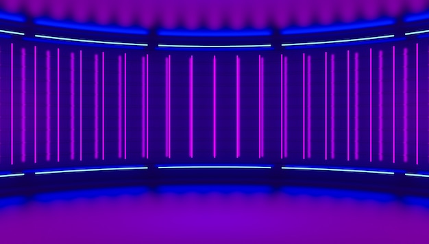 Foto ultraviolette minimalistische abstracte 3d achtergrond. neonlicht van lampen op de muren van het ronde podium. 3d illustratie.