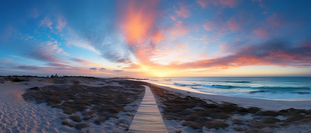 Foto immagine ultra larga che mostra un sentiero sulla spiaggia e la scansione dell'orizzonte durante l'alba