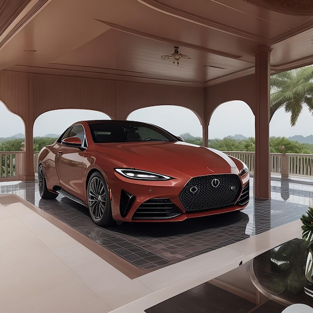 Ultrawide lens shot of luxury car at bungalow car porch generated by AI