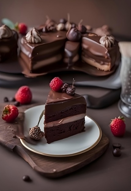 Um delicioso bolo de chocolate de tres camadas com ganache e framboesas frescas Criado com iA