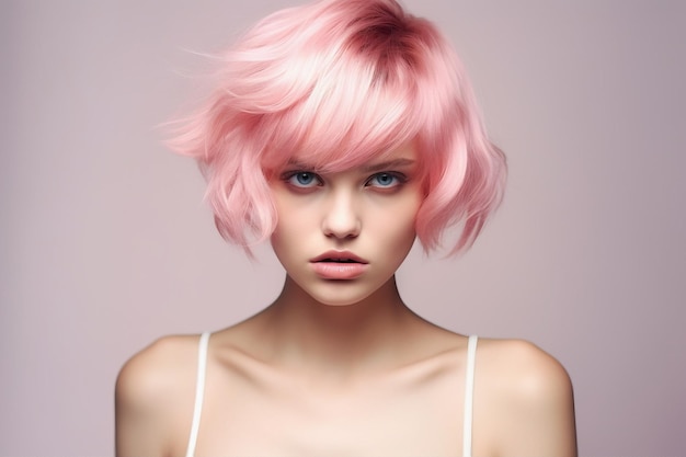 Uma linda jovem mulher de cabelo rosa