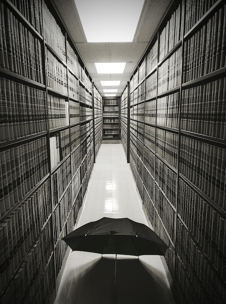 Foto ombrello tra le librerie della biblioteca