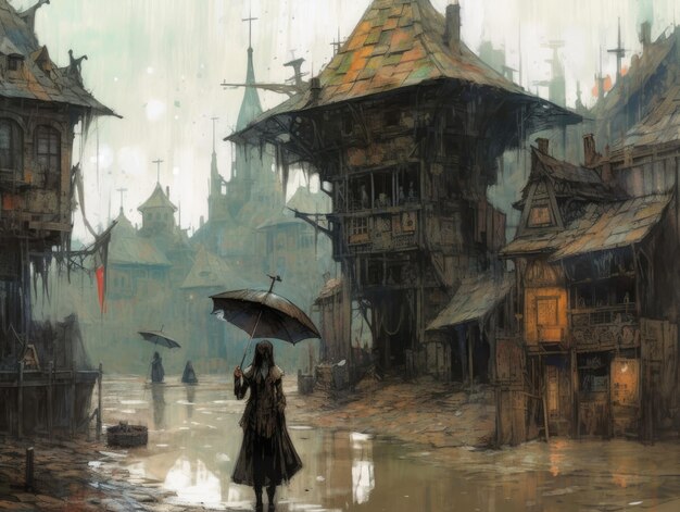 Umbrella Art Cityspace Steampunk Ghostpunk Dieselpunk Фэнтези Иллюстрация Постер Книга дизайна игры