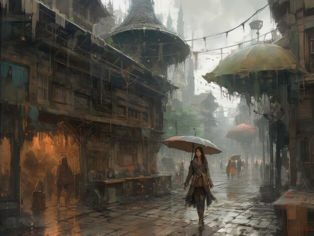 umbrella art cityspace steampunk ghostpunk dieselpunk fantasy illustration poster game design book