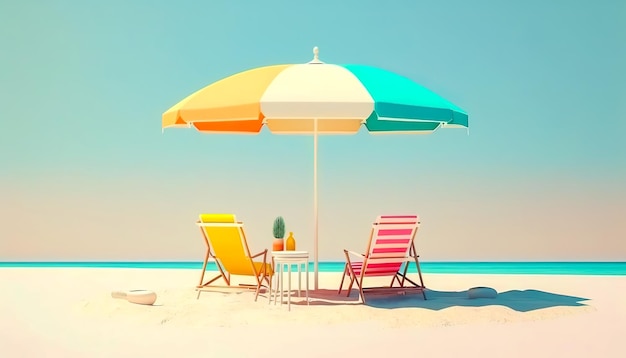Зонтичный пляж со стульями на песчаном пляже Концепция летних каникул Генеративный ИИ