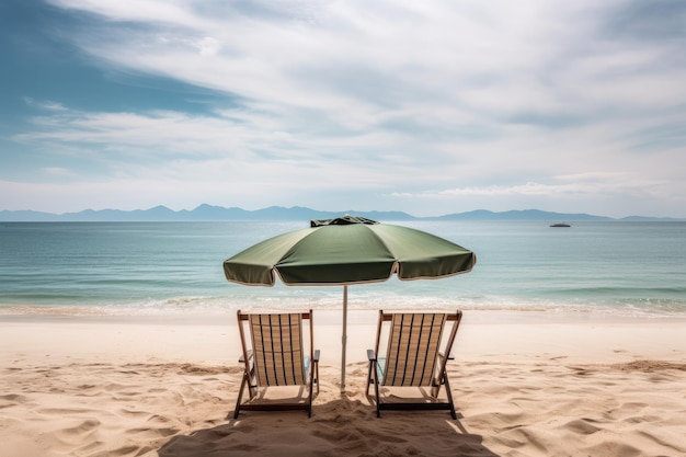 Umbrella and chair on the beautiful beach and sea Vintage Filter Two easy chairs rear view on the beach with a