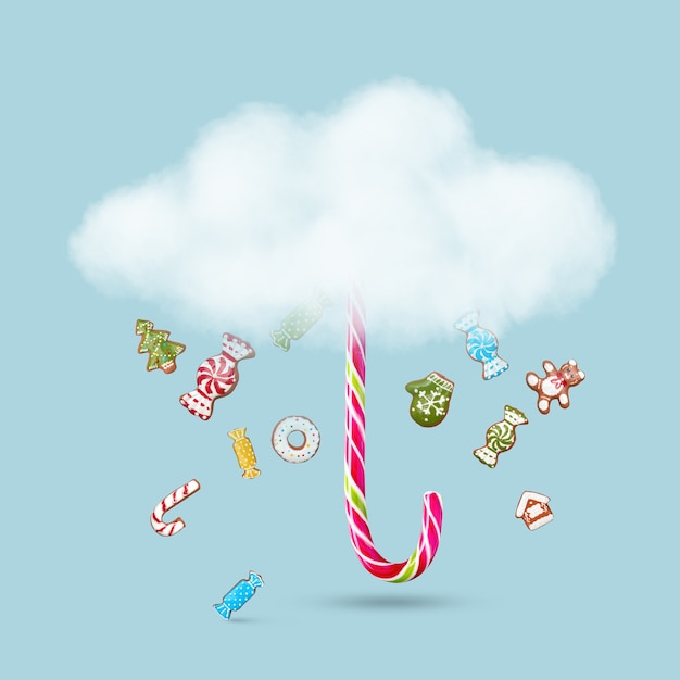 Umbrella of clouds and long christmas candy