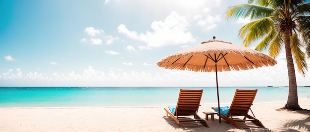 Umbrella and deck chair under a palm tree on the beach of a tropical island with an azure sea