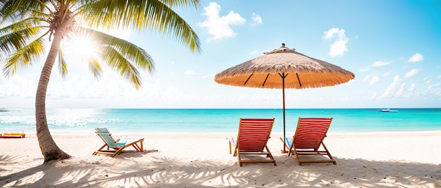 Umbrella and deck chair under a palm tree on the beach of a tropical island with an azure sea