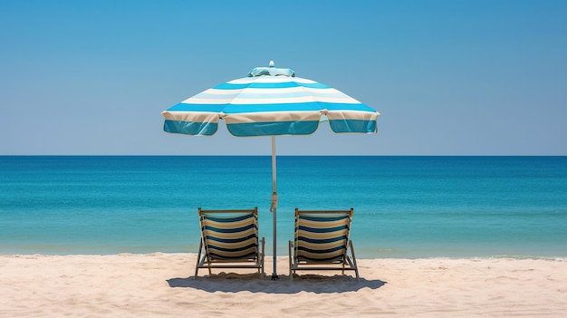 Photo an umbrella from the sun and two deckchairs on the sandy coast