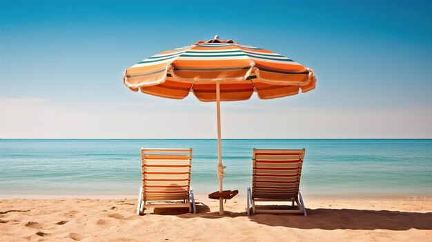 Photo an umbrella from the sun and two deckchairs on the sandy coast