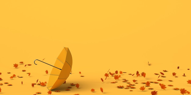 Umbrella on the ground by the air and autumn leaves. Copy space. 3D illustration.