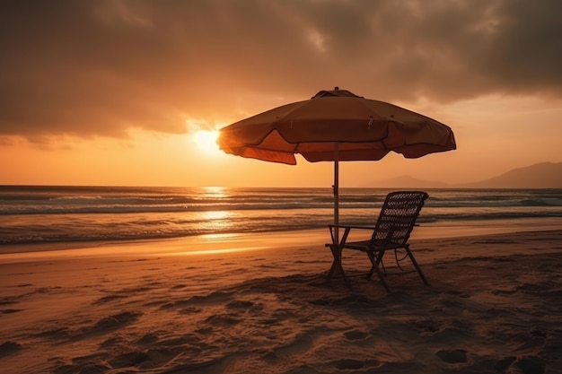浜辺で日没時の傘とハンモック