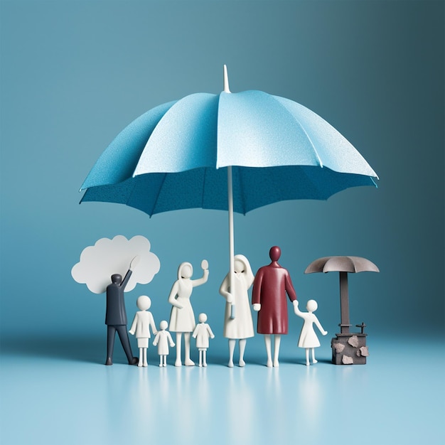 우산 아이콘 및 가족 모델 보안 보호 및 건강 보험 가정의 개념
