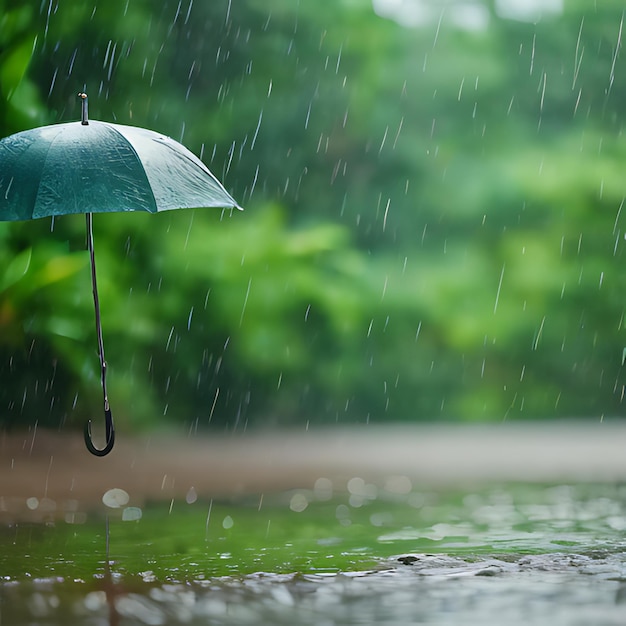 an umbrella is in the rain with the rain falling on it