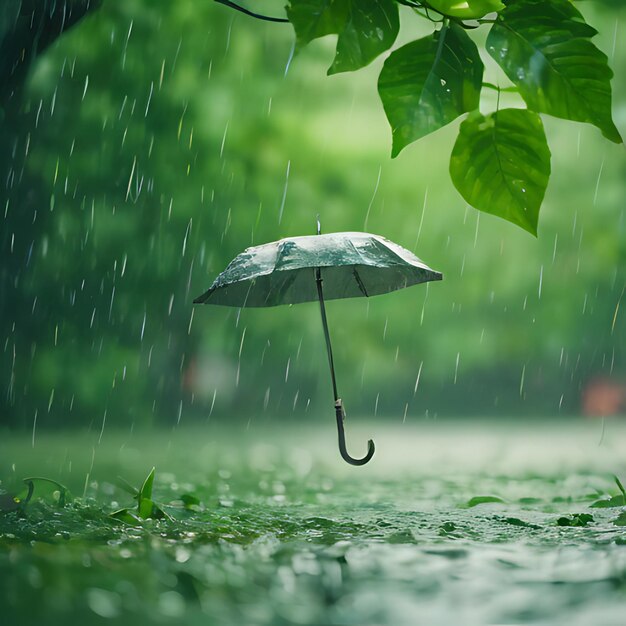 雨傘が緑の葉で雨の中を逆転している